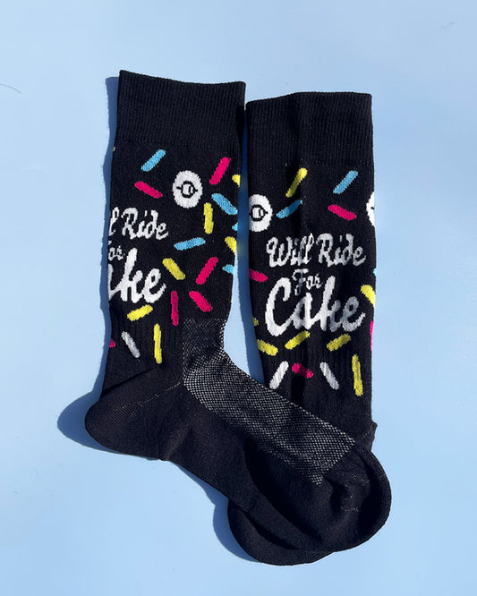 Will Ride For Cake Sprinkle Black Technical Cushioned Cycling Socks