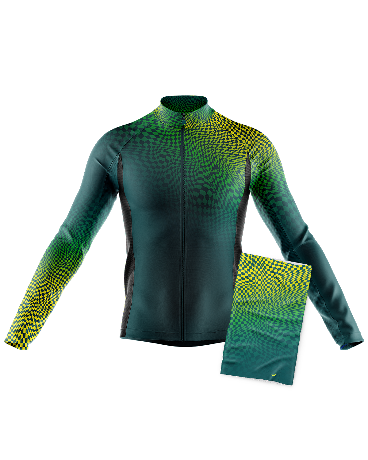 Mens Pixel Green and HiVis Long Sleeve Mid-Weight Thermal Cycling Jersey & Neck Warmer Duo