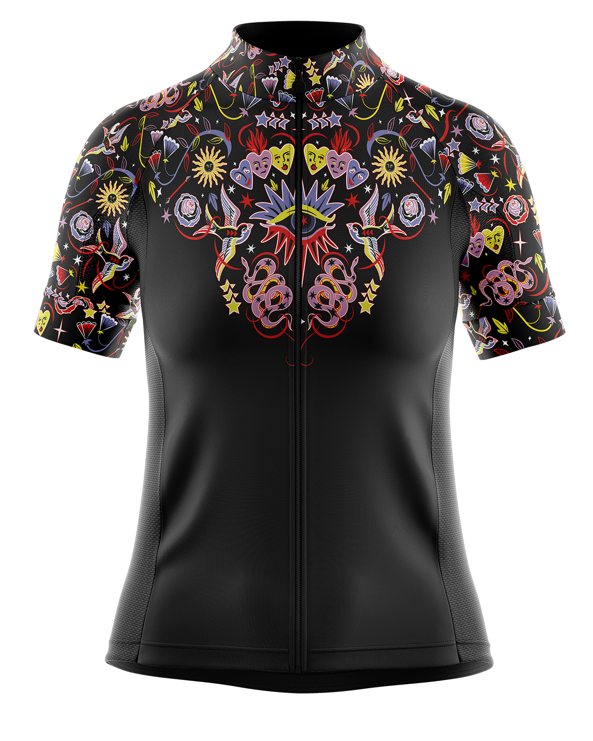 Womens Iris Black and Multi Colour Mystical Stars Eyes Hearts Colourful Short Sleeve Road Cycling Jersey
