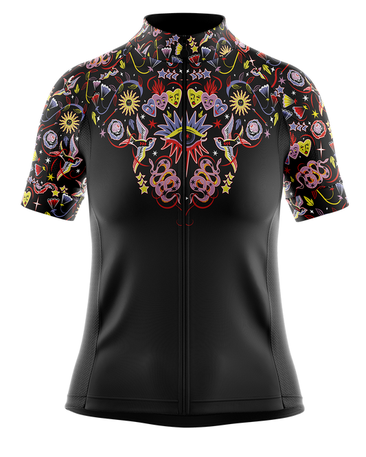 Womens Iris Black and Multi Colour Mystical Stars Eyes Hearts Colourful Short Sleeve Road Cycling Jersey
