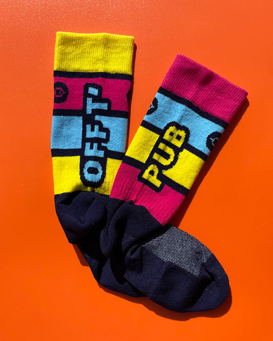 Off T'Pub Blue Pink Yellow Stripe Technical Cushioned Cycling Socks