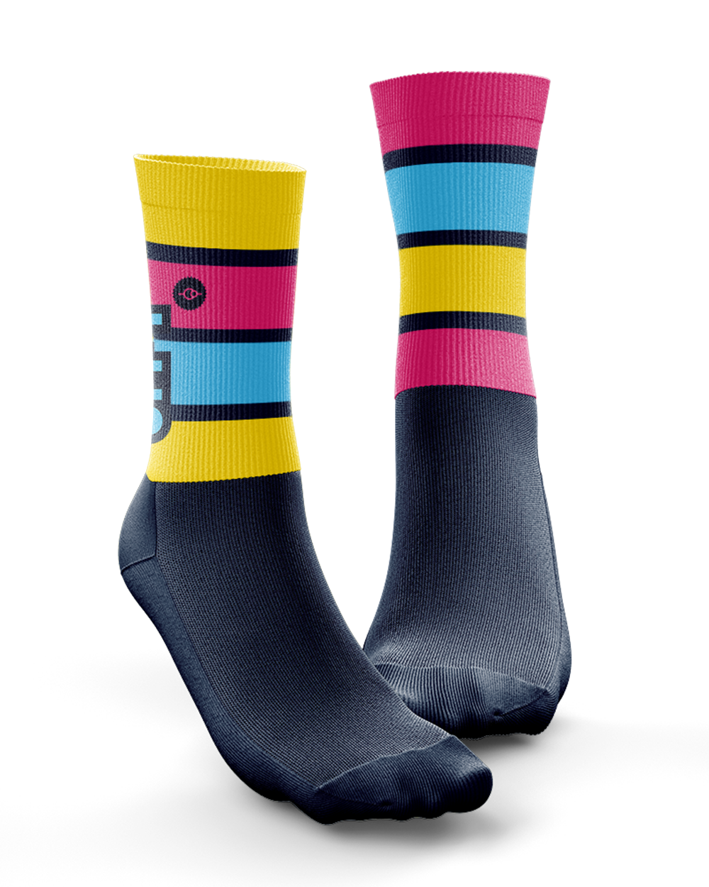 Off T'Pub Blue Pink Yellow Stripe Technical Cushioned Cycling Socks