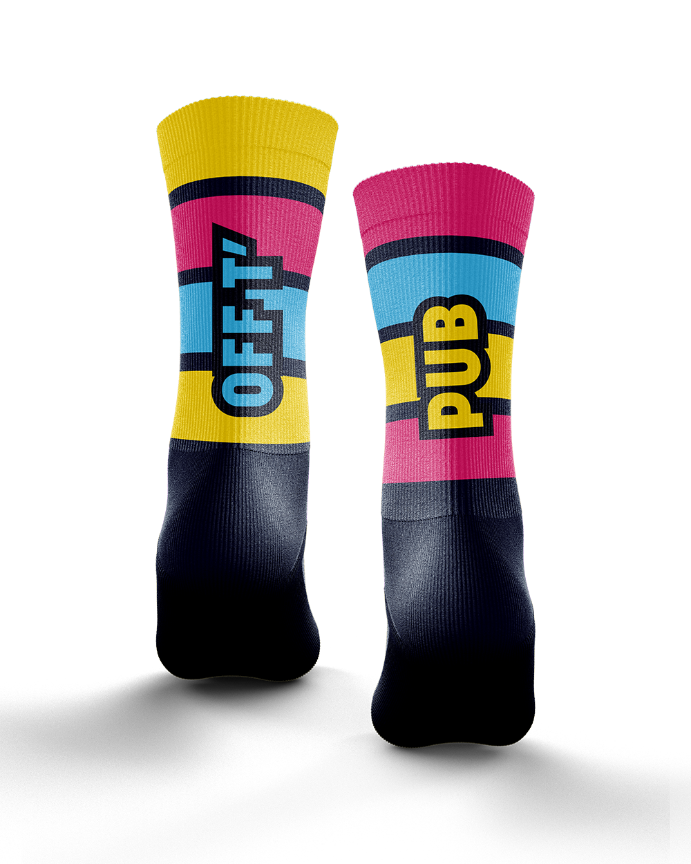 Off T'Pub Blue Pink Yellow Stripe Technical Cushioned Cycling Socks