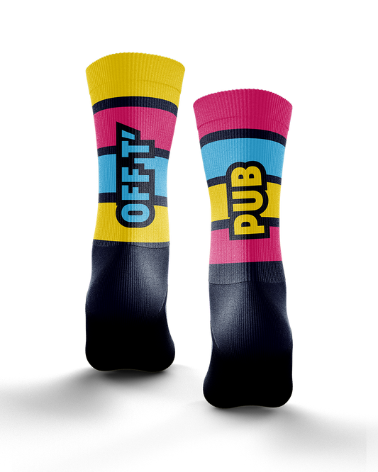 Off T'Pub Blue Pink Yellow Stripe Technical Cushioned Cycling Socks