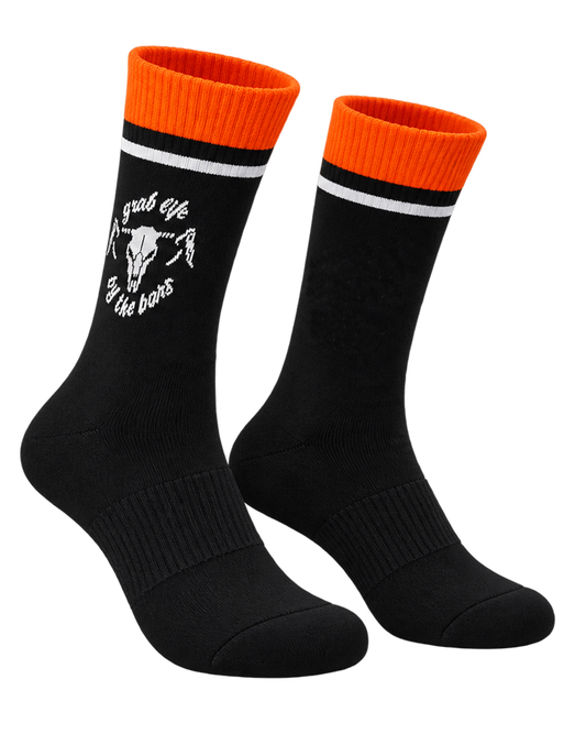 Unisex Cushioned Cycling Socks | Grab Life By The Bars Black & Orange
