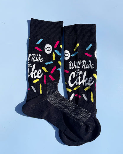 Will Ride For Cake Sprinkle Black Technical Cushioned Cycling Socks