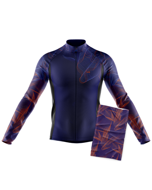 Mens Wave Blue and Orange Long Sleeve Mid-Weight Thermal Cycling Jersey & Neck Warmer Duo