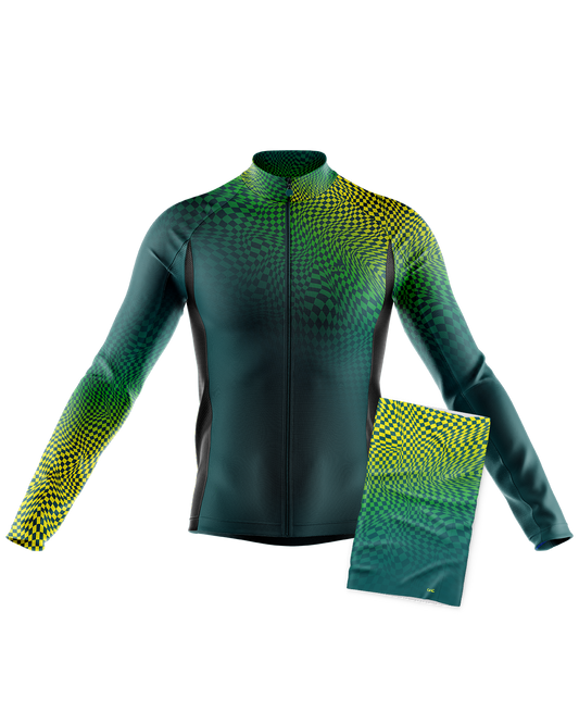 Mens Pixel Green and HiVis Long Sleeve Mid-Weight Thermal Cycling Jersey & Neck Warmer Duo