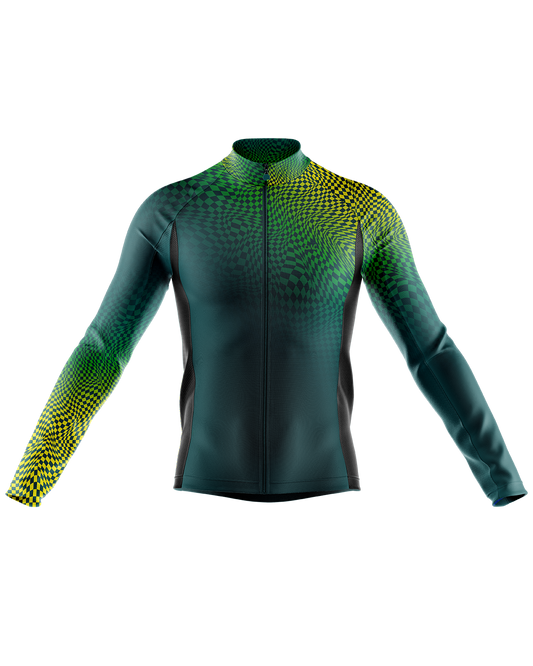 Mens Pixel Green and HiVis Long Sleeve Mid-Weight Thermal Cycling Jersey - Cycle Wear Central
