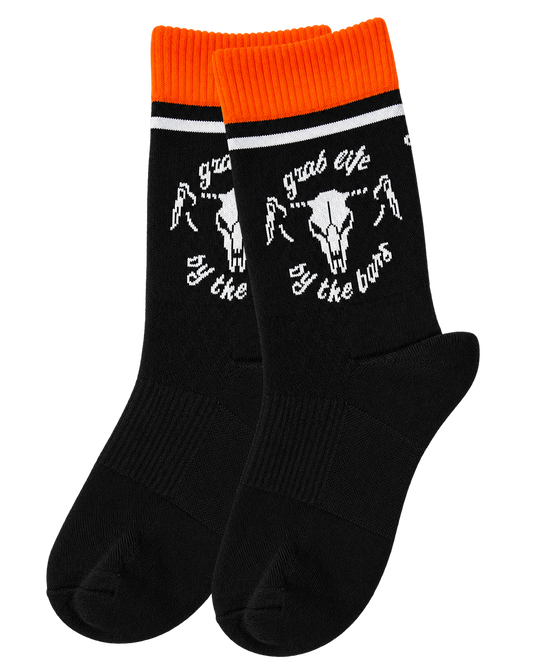 Unisex Cushioned Cycling Socks | Grab Life By The Bars Black & Orange