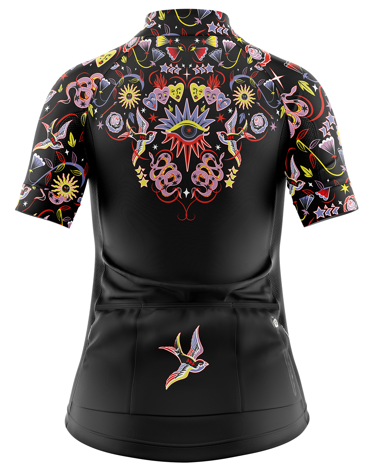 Womens Iris Black and Multi Colour Mystical Stars Eyes Hearts Colourful Short Sleeve Road Cycling Jersey