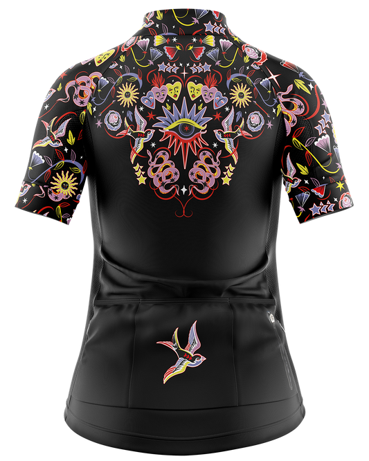 Womens Iris Black and Multi Colour Mystical Stars Eyes Hearts Colourful Short Sleeve Road Cycling Jersey
