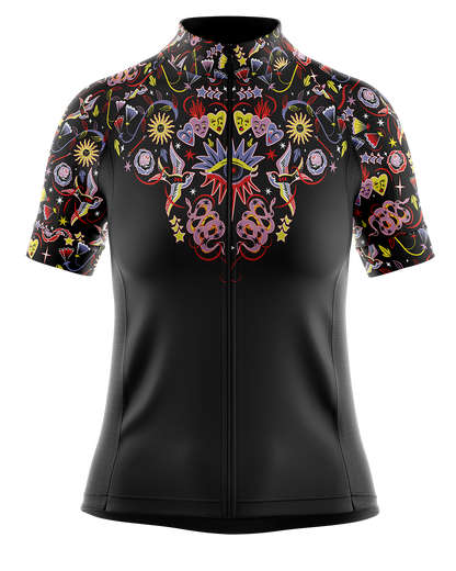 Womens Iris Black and Multi Colour Mystical Stars Eyes Hearts Colourful Short Sleeve Road Cycling Jersey