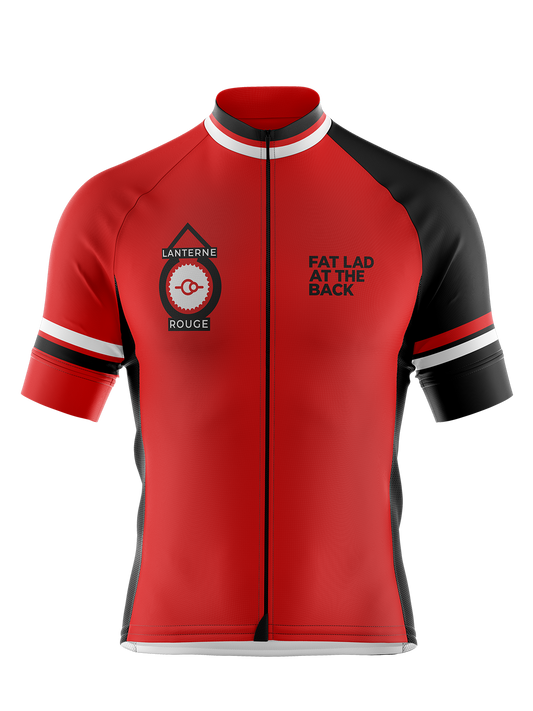 Mens Red and Black Lanterne Rouge Short Sleeve Cycling Jersey Fat Lad At The Back Re-Edition