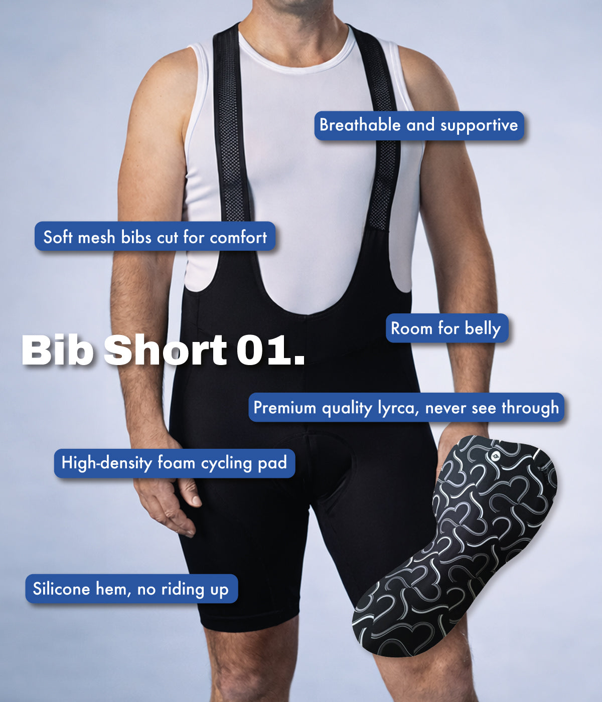 Mens All Black Padded Cycling Bib Shorts 01
