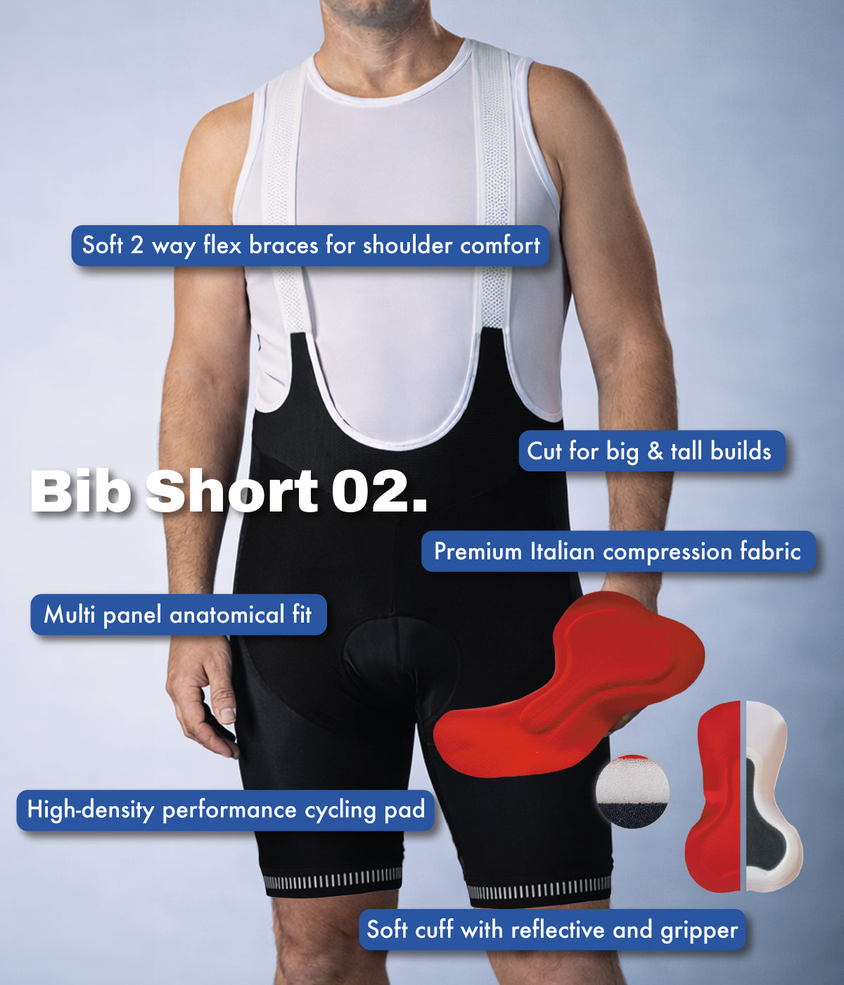 Mens Black Premium Padded Cycling Bib Shorts 02 with Compression Fabric and Reflective Elements
