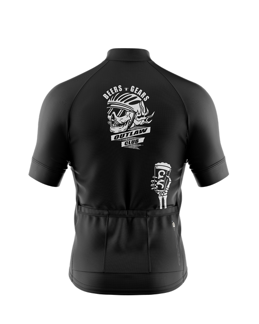 Mens Outlaws Black and White Skeleton Beers and Gears Short Sleeve Road Cycling Jersey
