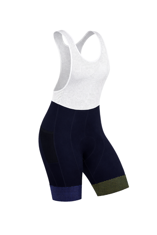 Womens Minnie Navy Polka Dot Padded Cycling Bib Shorts with Black Mesh Leg Pocket, White Mesh Vest and Soft Lycra Cuff