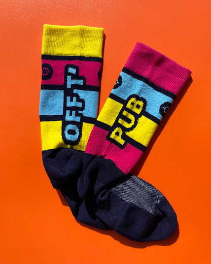 Off T'Pub Blue Pink Yellow Stripe Technical Cushioned Cycling Socks