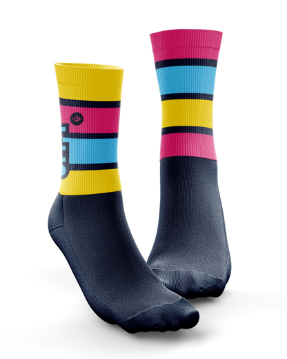 Off T'Pub Blue Pink Yellow Stripe Technical Cushioned Cycling Socks