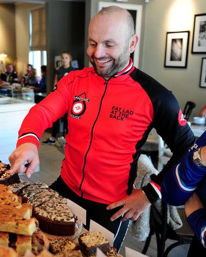 Mens Red and Black Lanterne Rouge Short Sleeve Cycling Jersey Fat Lad At The Back Re-Edition