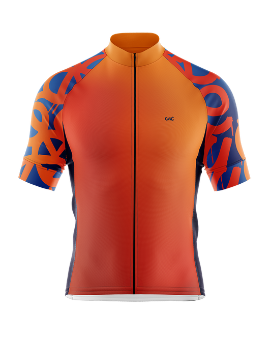 Mens Tag Bright Orange Gradient and Blue Graffiti Urban Short Sleeve Road Cycling Jersey