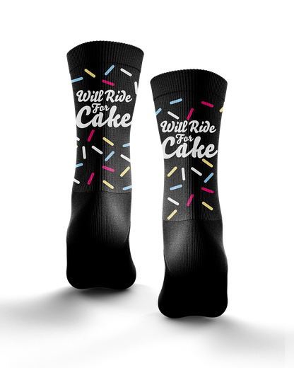 Will Ride For Cake Sprinkle Black Technical Cushioned Cycling Socks