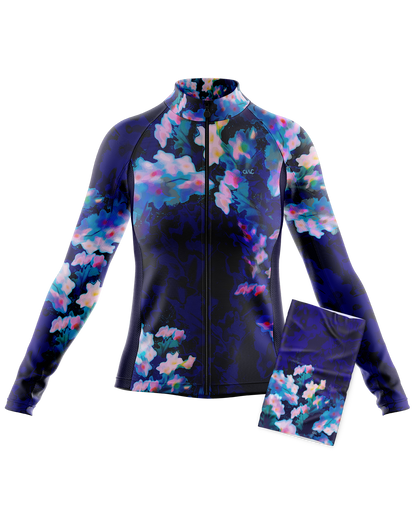 Womens Eden Blue Multi Print Long Sleeve Mid-Weight Thermal Cycling Jersey & Neck Warmer Duo