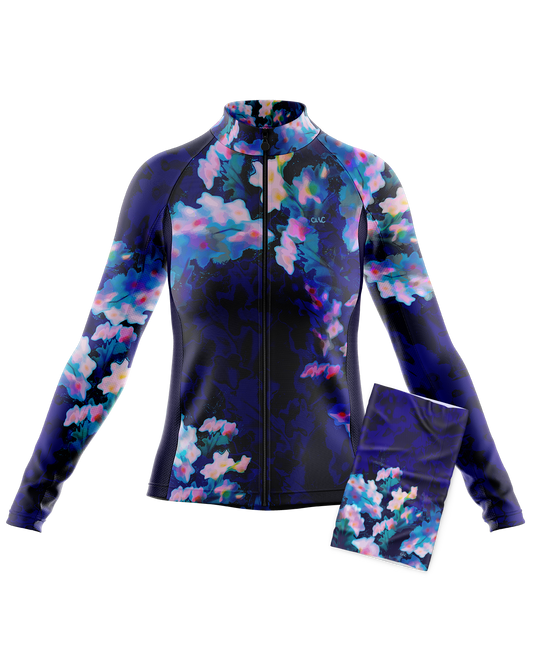 Womens Eden Blue Multi Print Long Sleeve Mid-Weight Thermal Cycling Jersey & Neck Warmer Duo