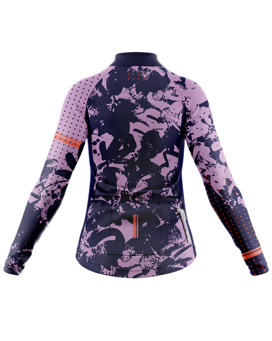 Womens Long Sleeve Cycling Jersey | Lucille Navy & Purple and Fluro Orange