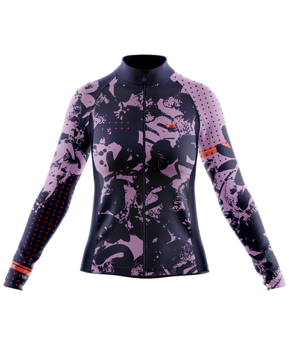Womens Long Sleeve Cycling Jersey | Lucille Navy & Purple and Fluro Orange