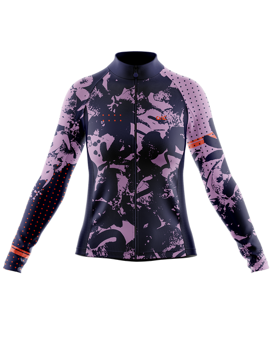 Womens Long Sleeve Cycling Jersey | Lucille Navy & Purple and Fluro Orange