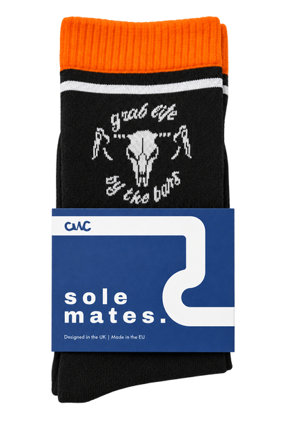 Unisex Cushioned Cycling Socks | Grab Life By The Bars Black & Orange